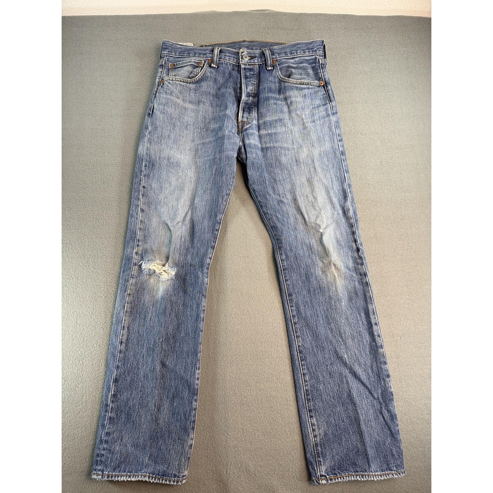 Levi's 501 Jeans Mens 34x31 Light Wash Blue Regular Straight Distressed Denim‎